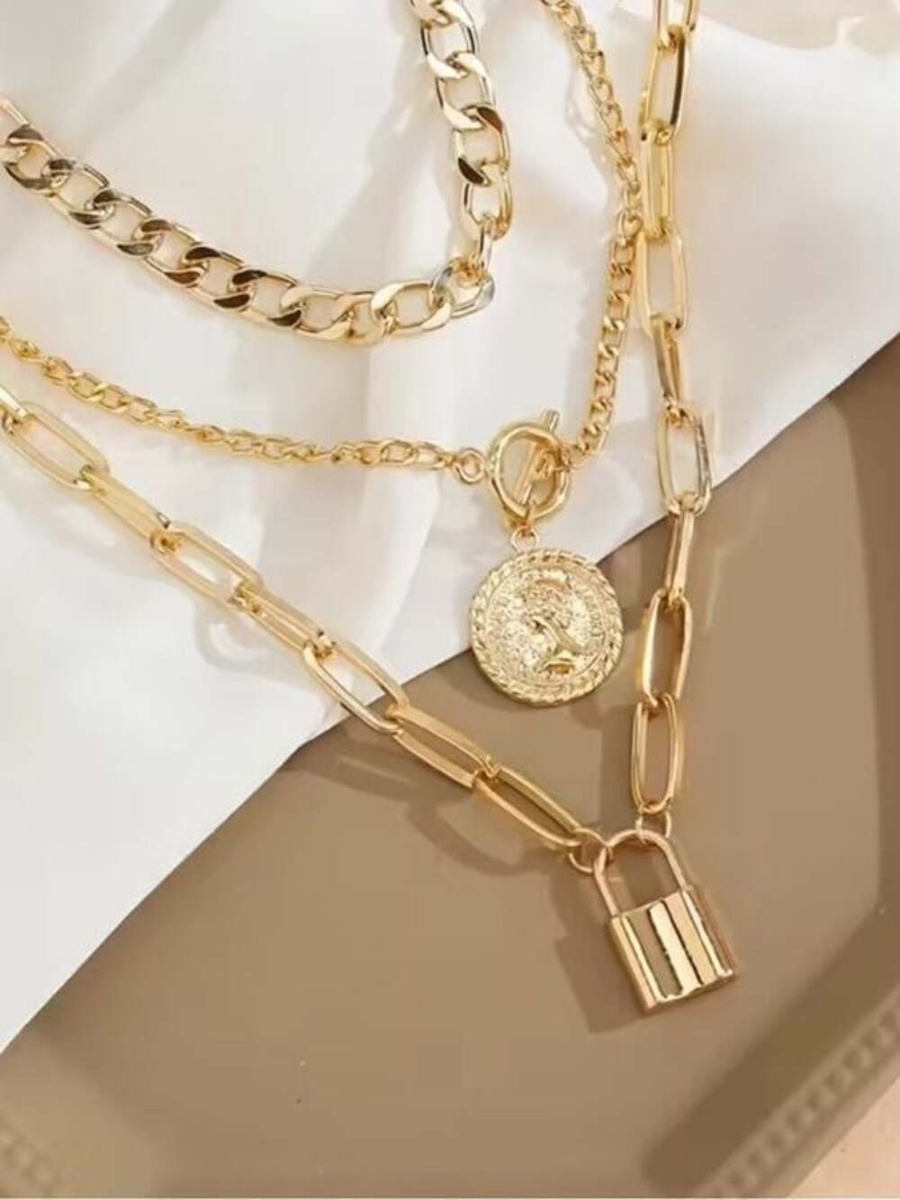 Multi necklace Layered Coin & Lock Pendant Necklace Set Gold - Picture 2 of 3